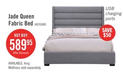 Jade Upholstered Platform Bed with USB Ports in Grey Fabric - Queen Size