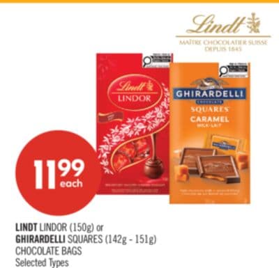 LINDT LINDOR (150g) or GHIRARDELLI SQUARES (142g - 151g) CHOCOLATE BAGS