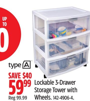 Type A Lockable 3-Drawer Storage Tower with Wheels