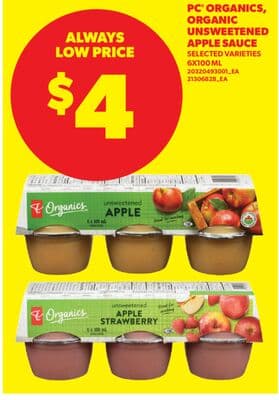 PC® ORGANICS, ORGANIC UNSWEETENED APPLE SAUCE, 6X100 ML
