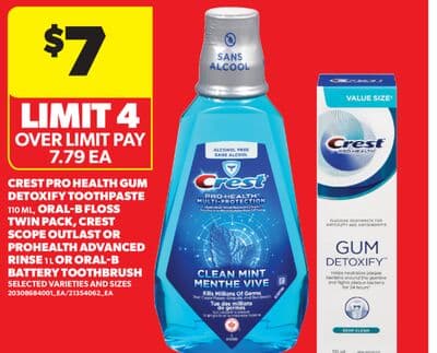 CREST PRO HEALTH GUM DETOXIFY TOOTHPASTE, 110 ML, ORAL-B FLOSS TWIN PACK, CREST SCOPE OUTLAST OR PROHEALTH ADVANCED RINSE, 1 L OR ORAL-B BATTERY TOOTHBRUSH