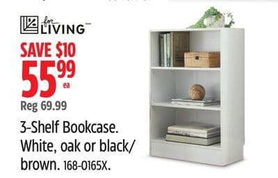 For Living 3-Shelf Bookcase. White, oak or black/ brown.