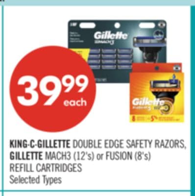 KING·C·GILLETTE DOUBLE EDGE SAFETY RAZORS, GILLETTE MACH3 (12's) or FUSION (8's) REFILL CARTRIDGES