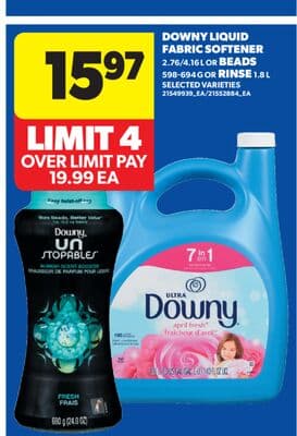 DOWNY LIQUID FABRIC SOFTENER, 2.76/4.16 L OR BEADS, 598-694 G OR RINSE, 1.8 L
