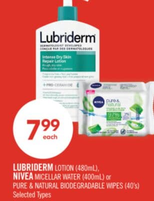 LUBRIDERM Lotion (480 mL). NIVEA Micellar Water (400 mL). Pure & Natural Biodegradable Wipes (40s).