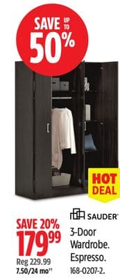 Sauder 3-Door Wardrobe. Espresso.