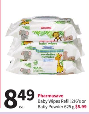 Pharmasave Baby Wipes Refill 216's or Baby Powder 625 g