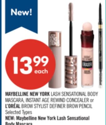 MAYBELLINE NEW YORK LASH SENSATIONAL BODY MASCARA, INSTANT AGE REWIND CONCEALER or L'ORÉAL BROW STYLIST DEFINER BROW PENCIL