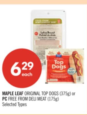 MAPLE LEAF ORIGINAL TOP DOGS (375g) or PC FREE FROM DELI MEAT (175g)