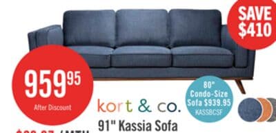 Kort & Co. Kassia 80" Linen-Look Fabric Condo Size Sofa with Wood Base and Legs - Blue