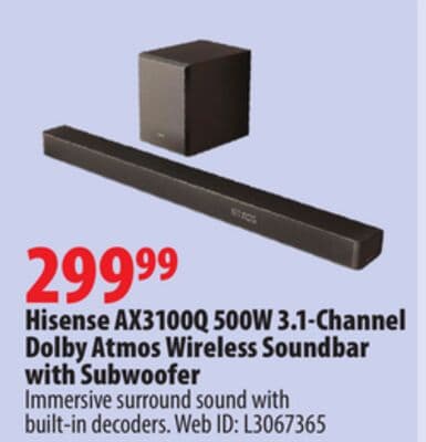 Hisense AX3100Q 500W 3.1-Channel Dolby Atmos Wireless Soundbar with Subwoofer