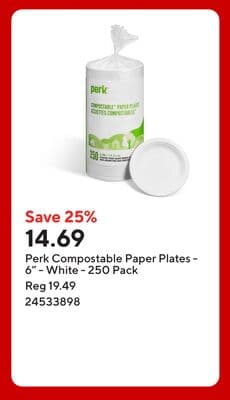 Perk Compostable Paper Plates - 6" - White - 250 Pack