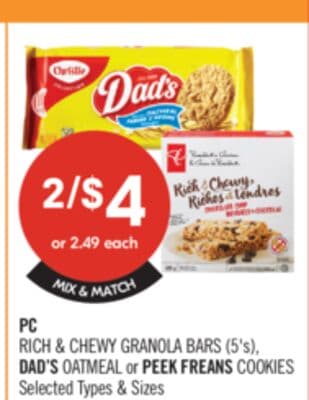 PC Rich & Chewy Granola Bars (5") Dad's Oatmeal or Peek Freans Cookies