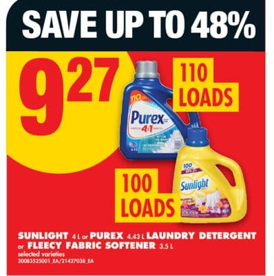 SUNLIGHT, 4 L OR PUREX ,4.43 L LAUNDRY DETERGENT, OR FLEECY FABRIC SOFTENER, 3.5 L