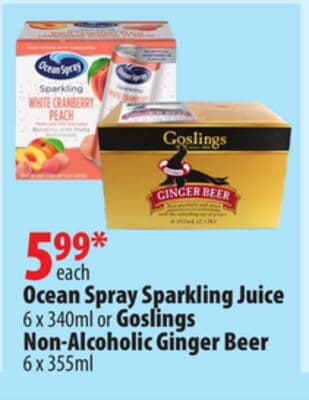 Ocean Spray Sparkling Juice 6 x 340ml or Goslings Non-Alcoholic Ginger Beer 6 x 355ml
