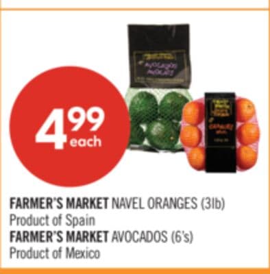 FARMER'S MARKET NAVEL ORANGES (3lb) or FARMER'S MARKET AVOCADOS (6's)