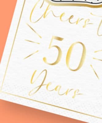 "Cheers to 50 Years" 50th Anniversary Disposable Lunch Napkin, White/Gold, 7-in, 20-pk, for Celebration