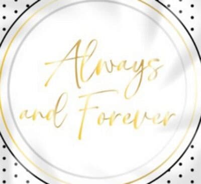 "Always and Forever" Ruffled Edge Disposable Salad Plate, White/Gold, 8-in, 8-pk, for Wedding