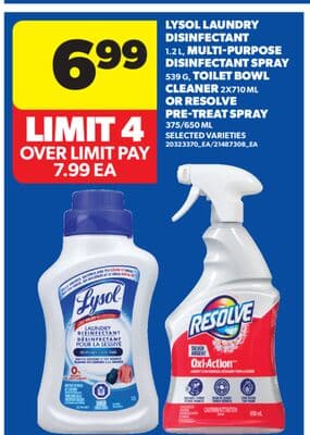 LYSOL LAUNDRY DISINFECTANT, 1.2 L, MULTI-PURPOSE DISINFECTANT SPRAY, 539 G, TOILET BOWL CLEANER, 2X710 ML OR RESOLVE PRE-TREAT SPRAY, 375/650 ML