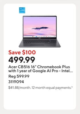 Acer CB516 16" Chromebook Plus with 1 year of Google AI Pro - Intel i3-1315U - 128GB SSD - 8GB RAM - Google Chrome OS - Iron