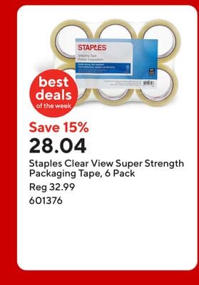Staples Clear View Super Strength Packaging Tape, 6 Pack