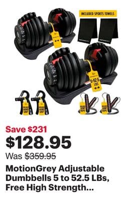 MotionGrey Adjustable Dumbbells 5 to 52.5 LBs, Free High Strength Hand Grip Included,Jump Rope,and Towel 15 Weight Settings DumbBell, Anti-Slip Metal Handle for Exercise (Set of 2)