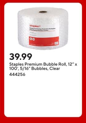 Staples Premium Bubble Roll, 12" x 100', 5/16" Bubbles, Clear