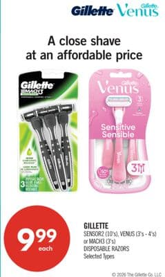 GILLETTE SENSOR2 (10's), VENUS (3's - 4's) or MACH3 (3's) DISPOSABLE RAZORS