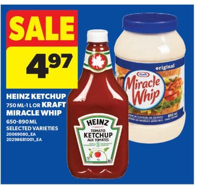 HEINZ KETCHUP, 750 ML-1 L OR KRAFT MIRACLE WHIP, 650-890 ML