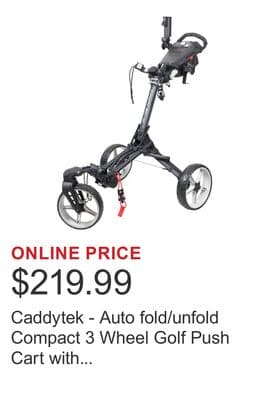 Caddytek - Auto fold/unfold Compact 3 Wheel Golf Push Cart with Cooler Bag