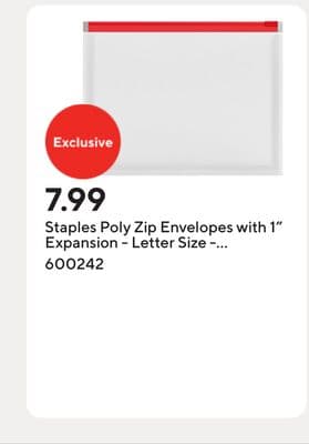 Staples Poly Zip Envelopes with 1" Expansion - Letter Size - Assorted Colours