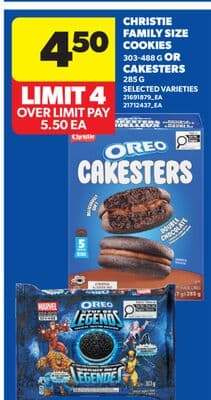 CHRISTIE FAMILY SIZE COOKIES, 303-488 G OR CAKESTERS, 285 G