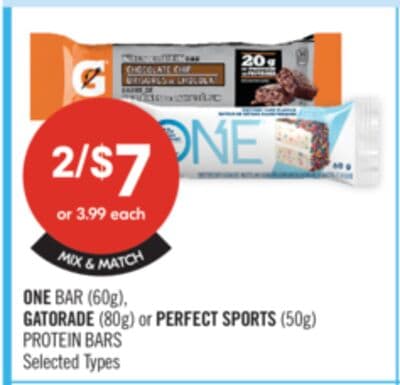 ONE BAR (60g), GATORADE (80g) or PERFECT SPORTS (50g) PROTEIN BARS
