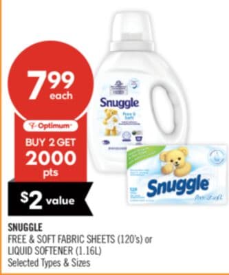 SNUGGLE FREE & SOFT FABRIC SHEETS (120's) or LIQUID SOFTENER (1.16L)