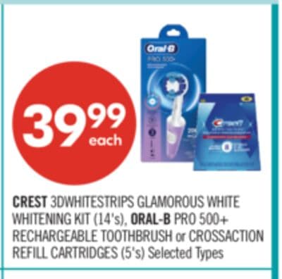 CREST 3DWHITESTRIPS GLAMOROUS WHITE WHITENING KIT (14's), ORAL-B PRO 500+ RECHARGEABLE TOOTHBRUSH or CROSSACTION REFILL CARTRIDGES (5's)