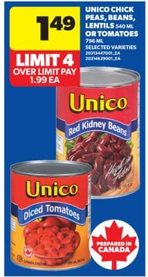 UNICO CHICK PEAS, BEANS, LENTILS, 540 ML OR TOMATOES, 796 ML