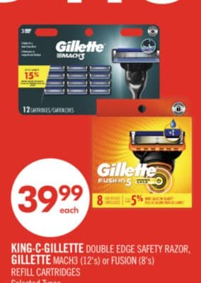 KING·C·GILLETTE DOUBLE EDGE SAFETY RAZOR, GILLETTE MACH3 (12's) or FUSION (8's) REFILL CARTRIDGES