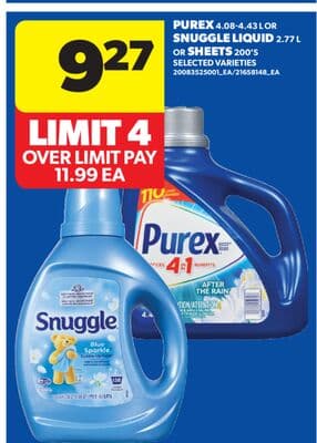 PUREX, 4.08-4.43 L OR SNUGGLE LIQUID, 2.77 L OR SHEETS, 200'S