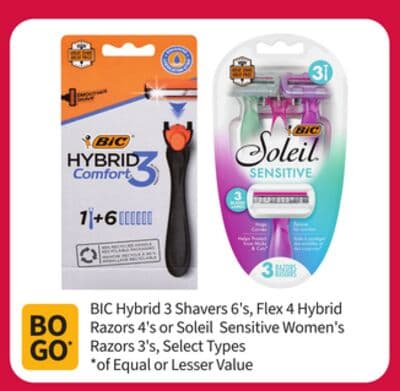 BIC Hybrid 3 Shavers 6's, Flex 4 Hybrid Razors 4's or Soleil Sensitive Women's Razors 3's