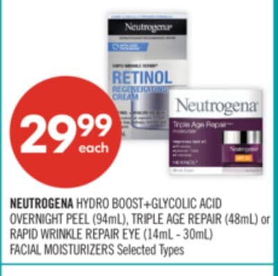 NEUTROGENA HYDRO BOOST+GLYCOLIC ACID OVERNIGHT PEEL (94mL), TRIPLE AGE REPAIR (48mL) or RAPID WRINKLE REPAIR EYE (14mL - 30mL) FACIAL MOISTURIZERS