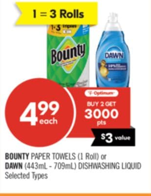 BOUNTY PAPER TOWELS (1 Roll) or DAWN (443mL - 709mL) DISHWASHING LIQUID
