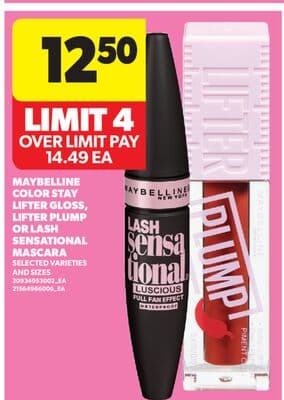 MAYBELLINE COLOR STAY LIFTER GLOSS, LIFTER PLUMP OR LASH SENSATIONAL MASCARA