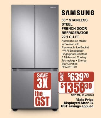 Samsung 30" Stainless Steel French Door Refrigerator 22.1 CU.FT.