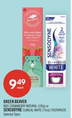 GREEN BEAVER KIDS STRAWBERRY NATURAL (100g) or SENSODYNE CLINICAL WHITE (75mL) TOOTHPASTE