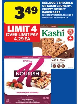 KELLOGG'S SPECIAL K OR KASHI CRUNCHY, CHEWY OR SOFT BAKED BARS, 165-200 G