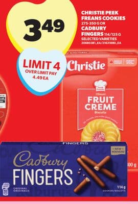 CHRISTIE PEEK FREANS COOKIES, 275-350 G OR CADBURY FINGERS, 114/125 G
