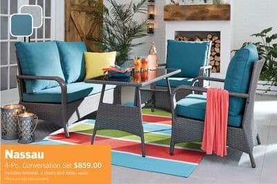 Nassau 4-Piece Outdoor Patio Set with Loveseat, 2 Chairs & Glass Top Coffee Table - Hand-Woven Resin Wicker, Olefin Fabric, UV & Weather Resistant - Blue