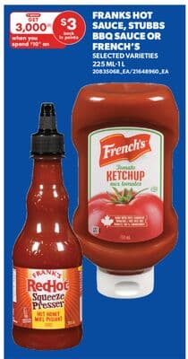 FRANKS HOT SAUCE, STUBBS BBQ SAUCE OR FRENCH'S, 225 ML-1 L
