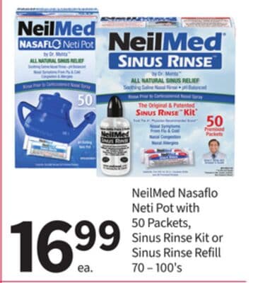 NeilMed Nasaflo Neti Pot with 50 Packets, Sinus Rinse Kit or Sinus Rinse Refill 70-100' s
