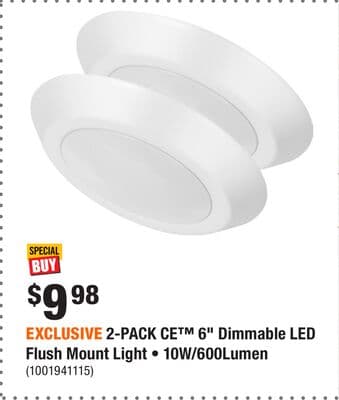 EXCLUSIVE 2-PACK CE™ 6" Dimmable LED Flush Mount Light • 10W/600Lumen